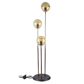 Abajur Coluna Newton 3 Globos de Vidro Âmbar - Cobre