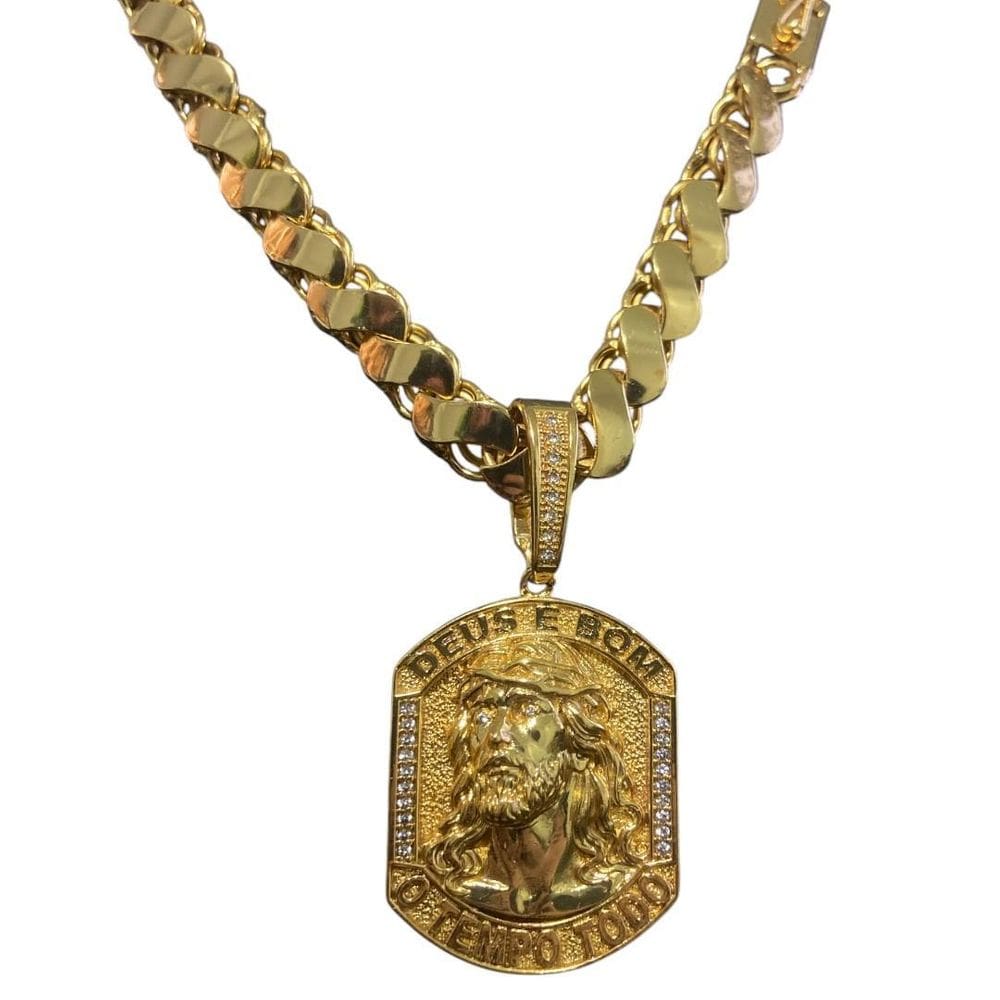 Cordão Friso S 13Mm + Pingente Deus É Bom - Banhado A Ouro