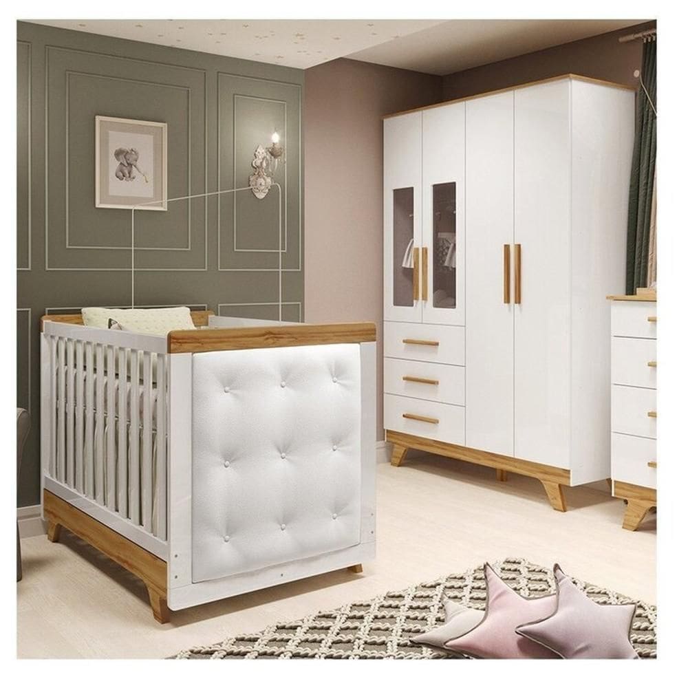 Quarto de Bebê Berço com Capitonê e Guarda-roupa com Janelas 100% Mdf Retrô Kakau Espresso Móveis Branco Brilho/Amêndoa/Branco