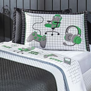 Jogo De Cama Game Streamer Branco-verde Casal Padrão 04 Peças Percal 200 Fios