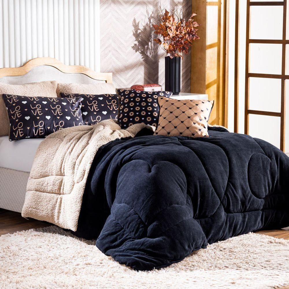 Kit Coberdrom Golden Love Preto King C/ Almofadas 05 Peças - Dupla Face Manta E Sherpa Colorida
