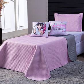 Kit Cobre Leito Girl Gamer Rosa/cinza Dupla Face C/ Almofadas Queen 05 Peças