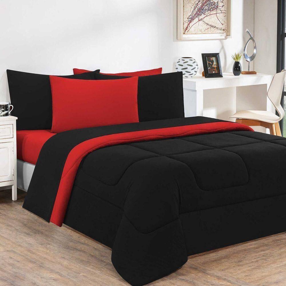 Kit Edredom + Jogo De Lençol Malha 100% Algodão Gran Moratta 5 Peças Solteiro - Preto-vermelho
