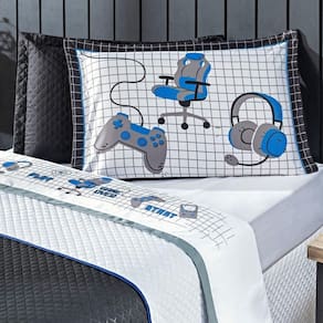 Jogo De Cama Game Streamer Branco-azul Solteiro 03 Peças Percal 200 Fios