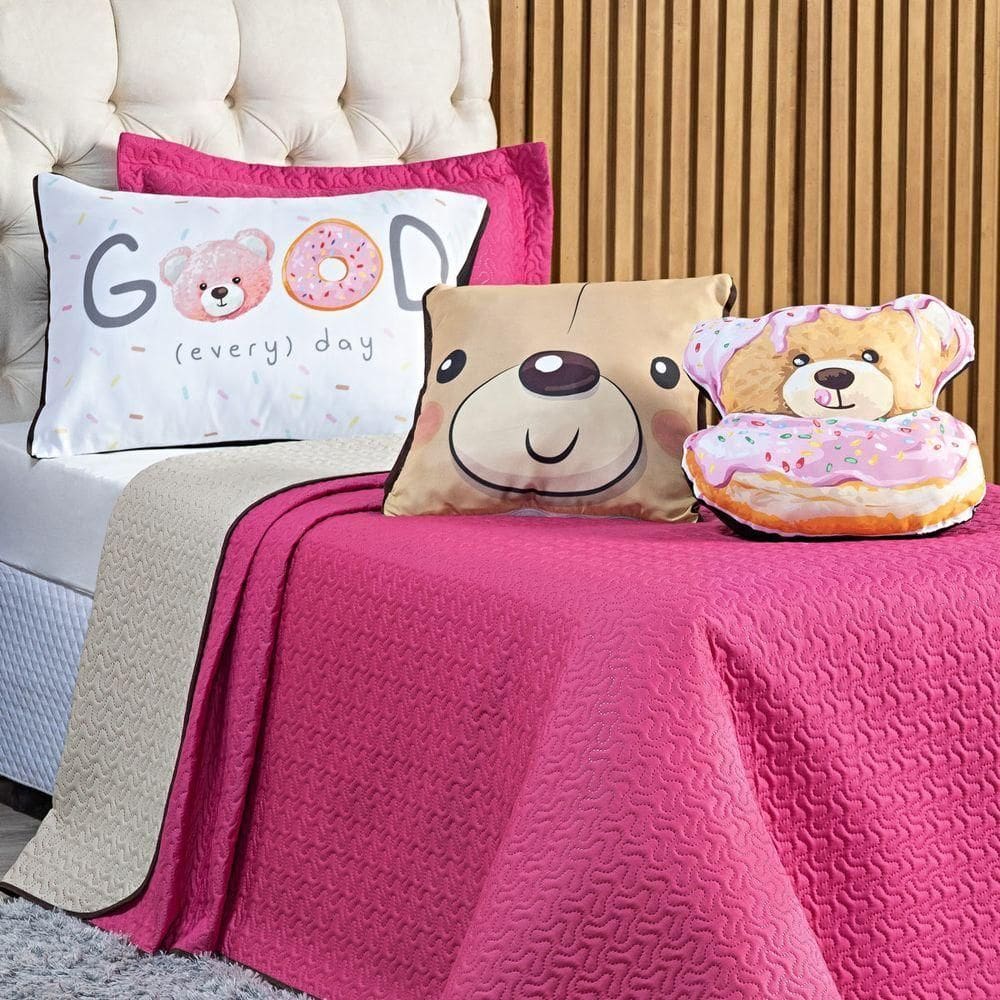 Cobre Leito Urso Donuts Pink-caqui Dupla Face Com Almofadas Solteiro 05 Peças
