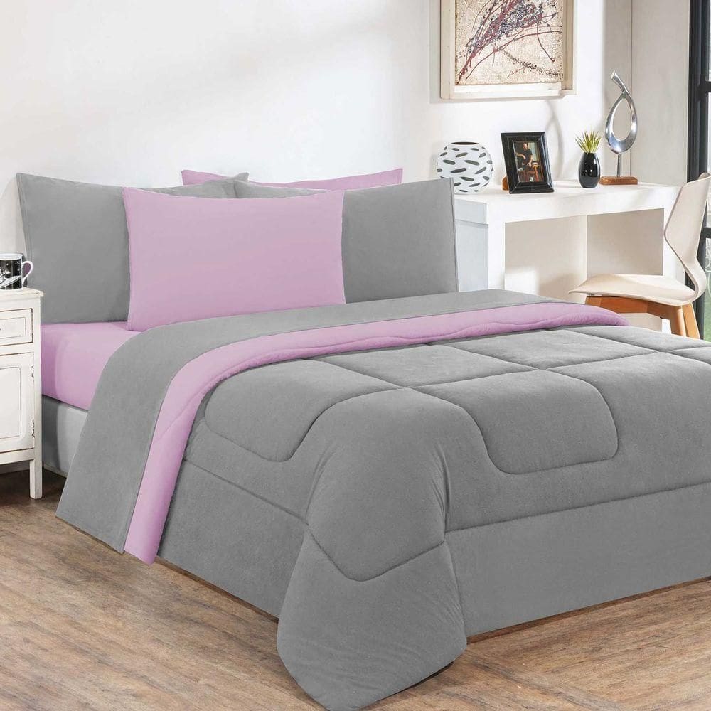 Kit Edredom + Jogo De Lençol Malha 100% Algodão Gran Moratta 5 Peças Solteiro - Cinza-rosa Bebê