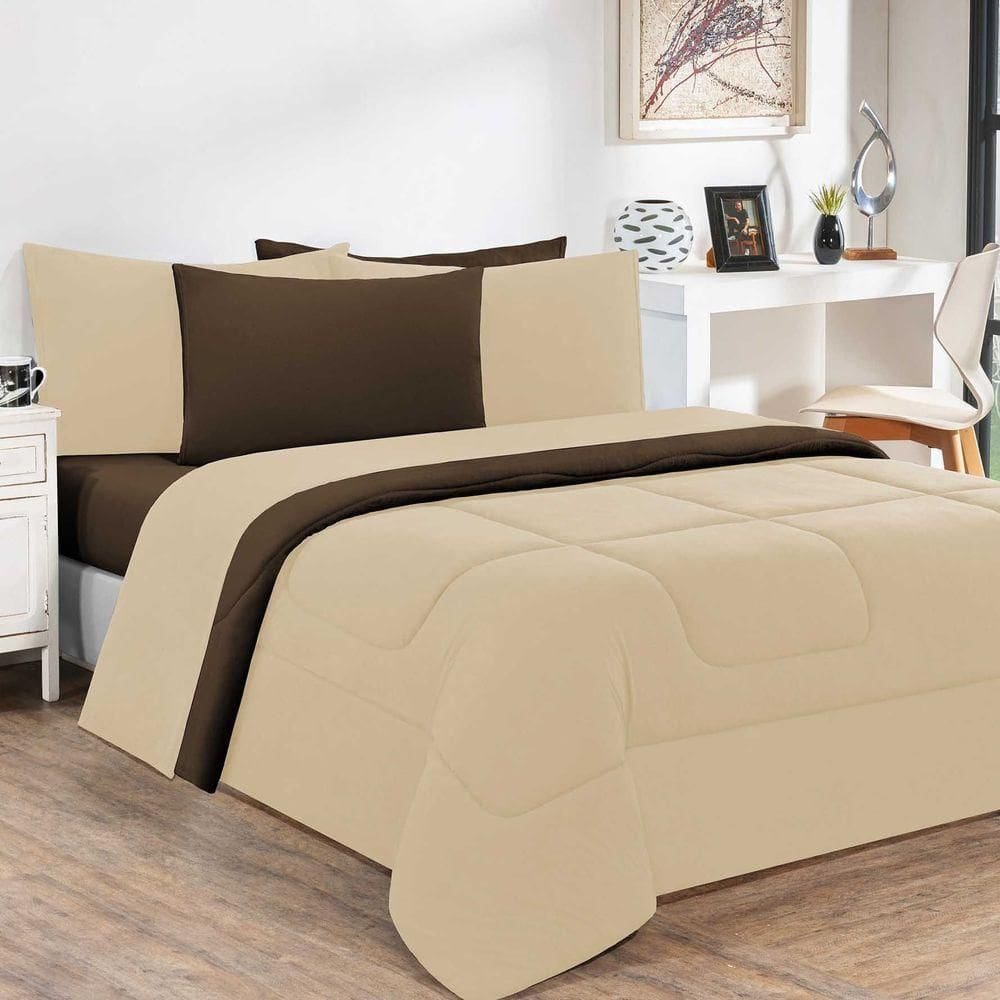Kit Edredom + Jogo De Lençol Malha 100% Algodão Gran Moratta 5 Peças Solteiro - Palha -marrom