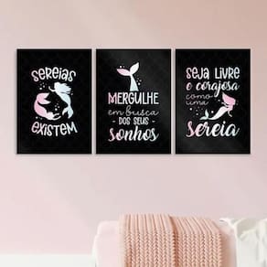 Kit 3 Quadros Sereias - Seja Livre E Corajosa 24X18Cm
