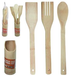 Kit Com Colher / Espatula / Garfo + Suporte De Bambu