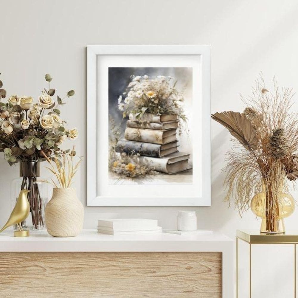 Quadro Livros E Flores 60X48Cm
