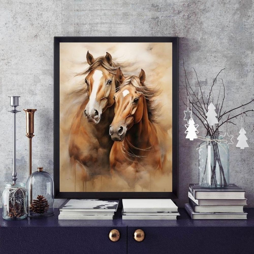Quadro Casal De Cavalos 45X34Cm - Com Vidro
