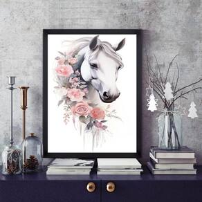 Quadro Cavalo Branco Com Flores 45X34Cm - Com Vidro