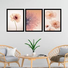 Kit 3 Quadros Fotos Modernas Flores Tons Pêssego 24X18Cm