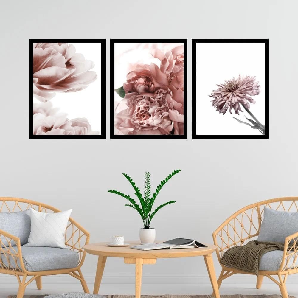 Kit 3 Quadros Fotos Flores Tons Rosê 33X24Cm - Com Vidro