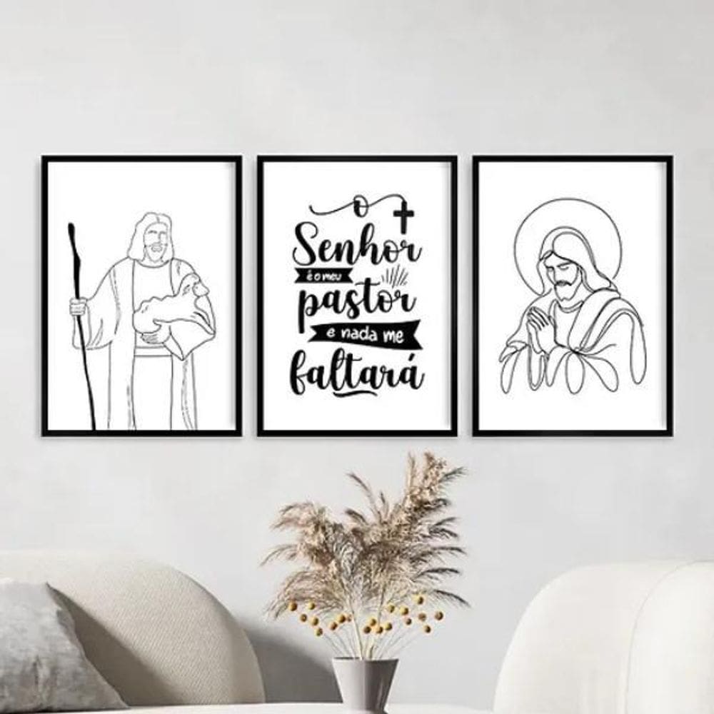 Kit 3 Quadros Jesus Minimalista - Meu Pastor 33X24Cm - Vidro