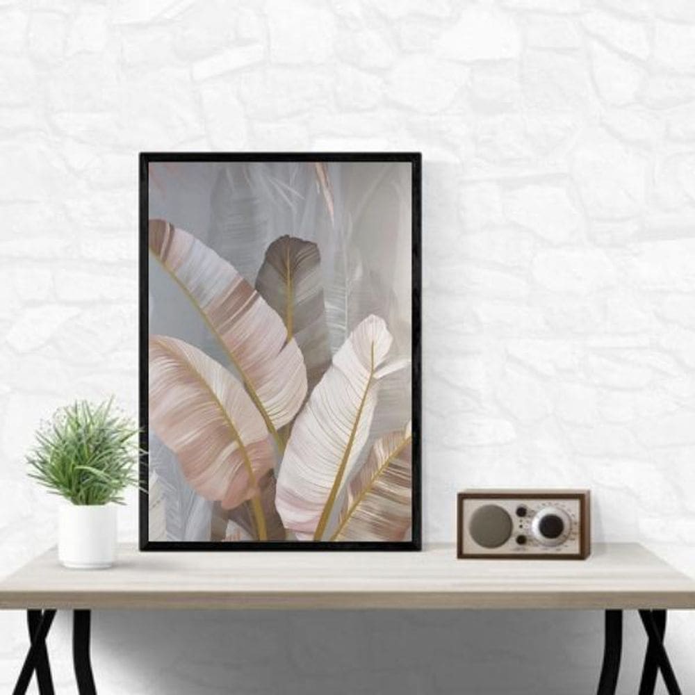 Quadro Folhagens Linho Cinza E Rosê 45X34Cm