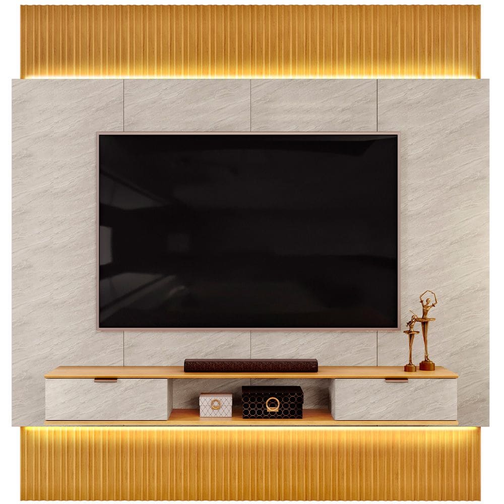 Painel Para TV 85 Pol com Bancada Suspensa e LED Bit D05 Cedro Quartzo - Lyam Decor