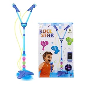 Microfone Infantil Duplo Pedestal Karaoke Rock Star Amplificador Musical Conecta Celular Mp3 Luz Azul