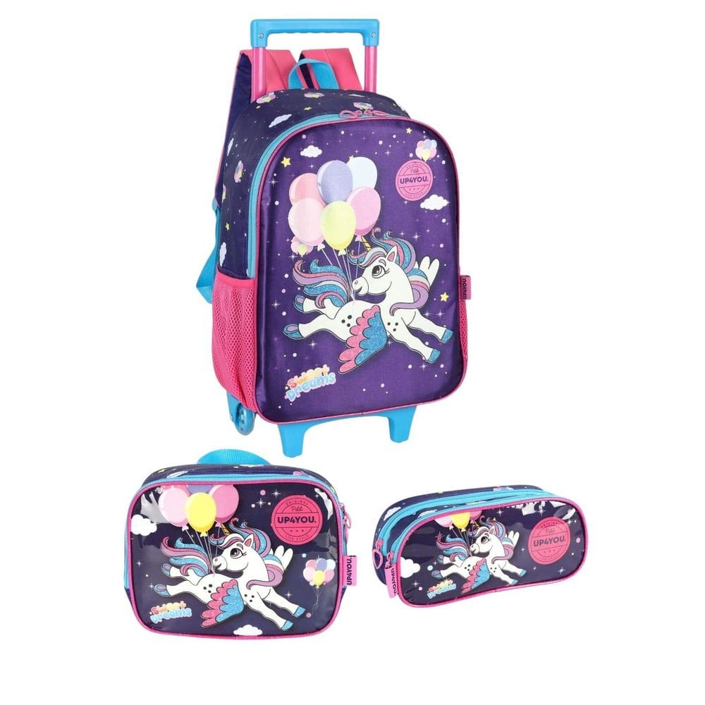 Kit Mochila Rodinha Juvenil Up4You Unicórnio + Estojo Duplo