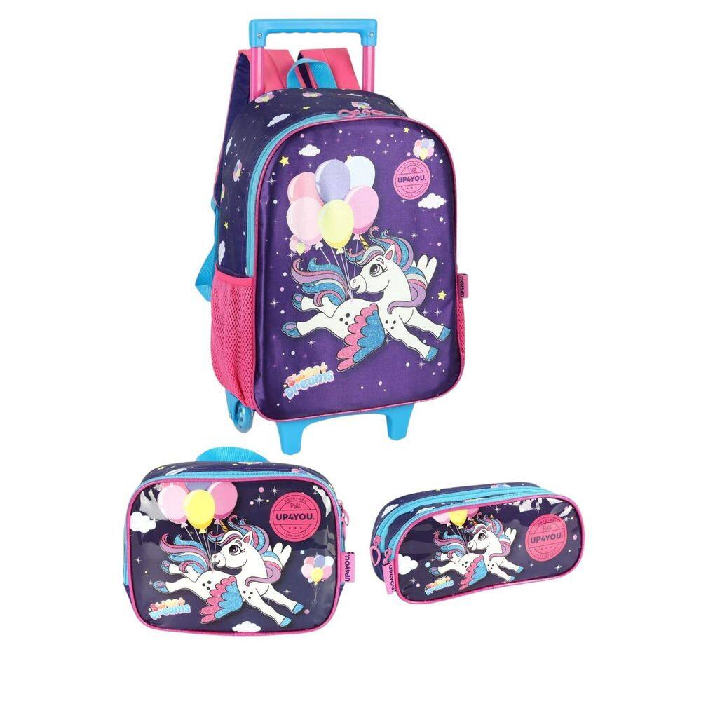Kit Mochila Rodinha Juvenil Up4You Unicórnio + Estojo Duplo