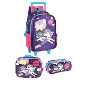 Kit Mochila Rodinha Juvenil Up4You Unicórnio + Estojo Duplo