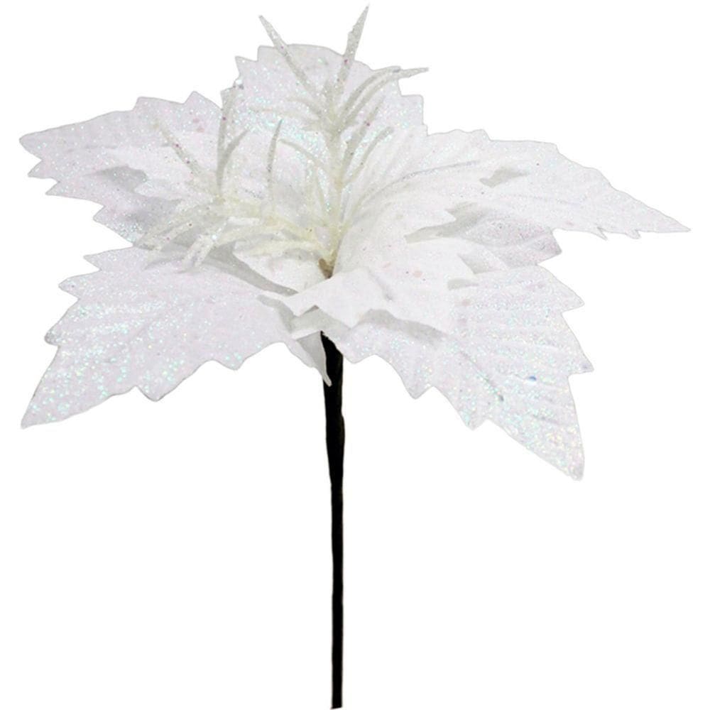 Kit 4 Flores Artificial Gliter Enfeite Branco Natalino 25cm