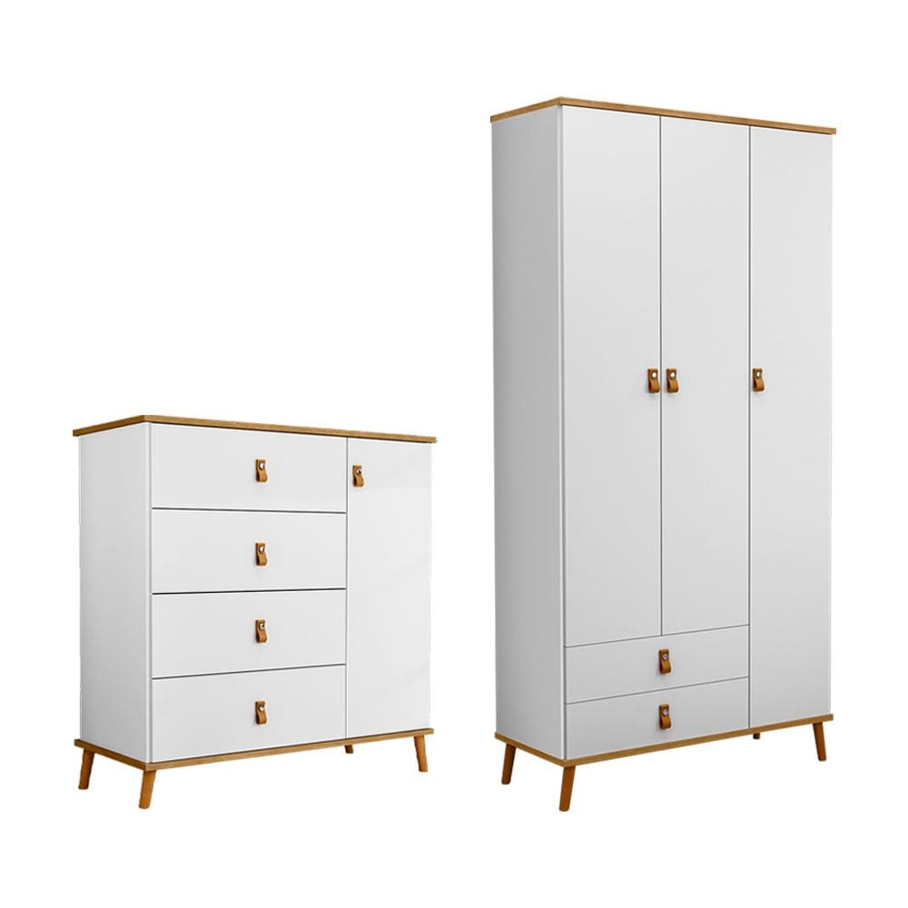 Conjunto Jujuba Guarda Roupa E Comoda Em Mdf Nature / Branco