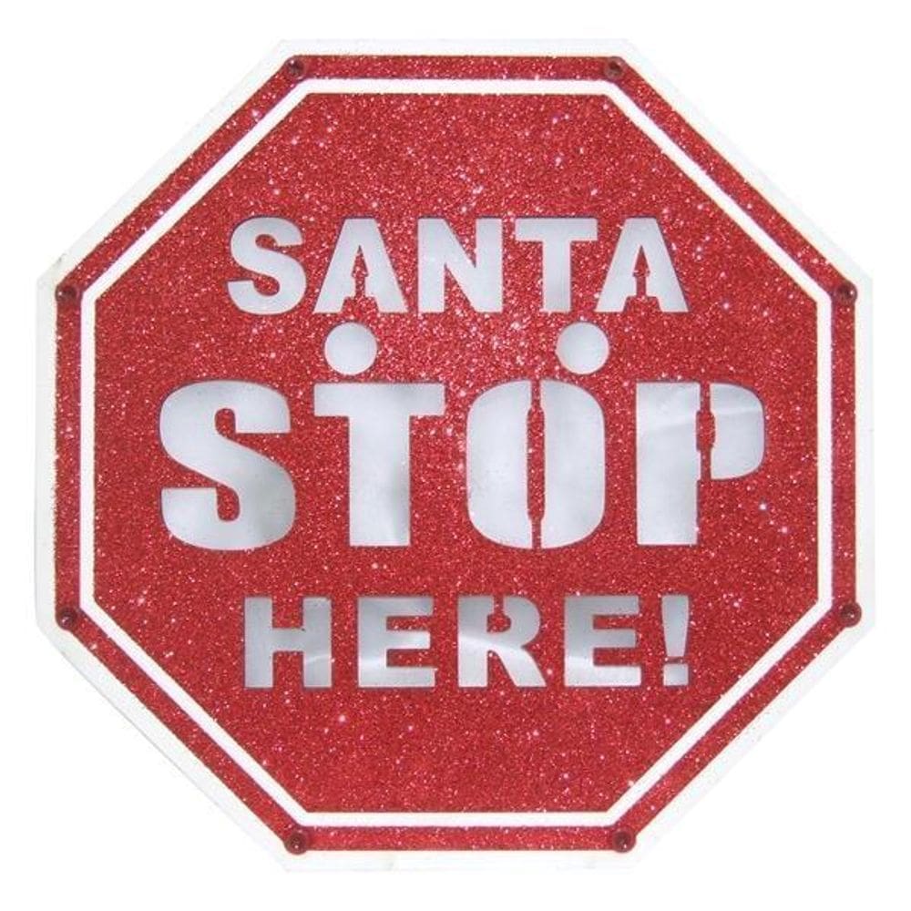 Placa Decorativa Natal Santa Stop Here Com Luz Grande 25Cm