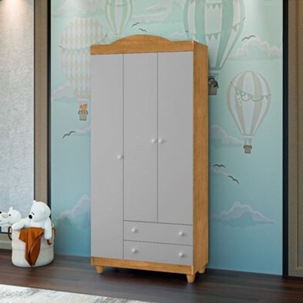 Guarda Roupa Lara 3 Portas E 2 Gavetas Em Mdf Nature / Cinza