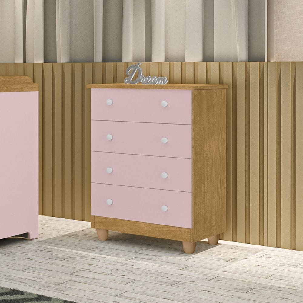 Comoda Lara 4 Gavetas Em Mdf Nature / Rose
