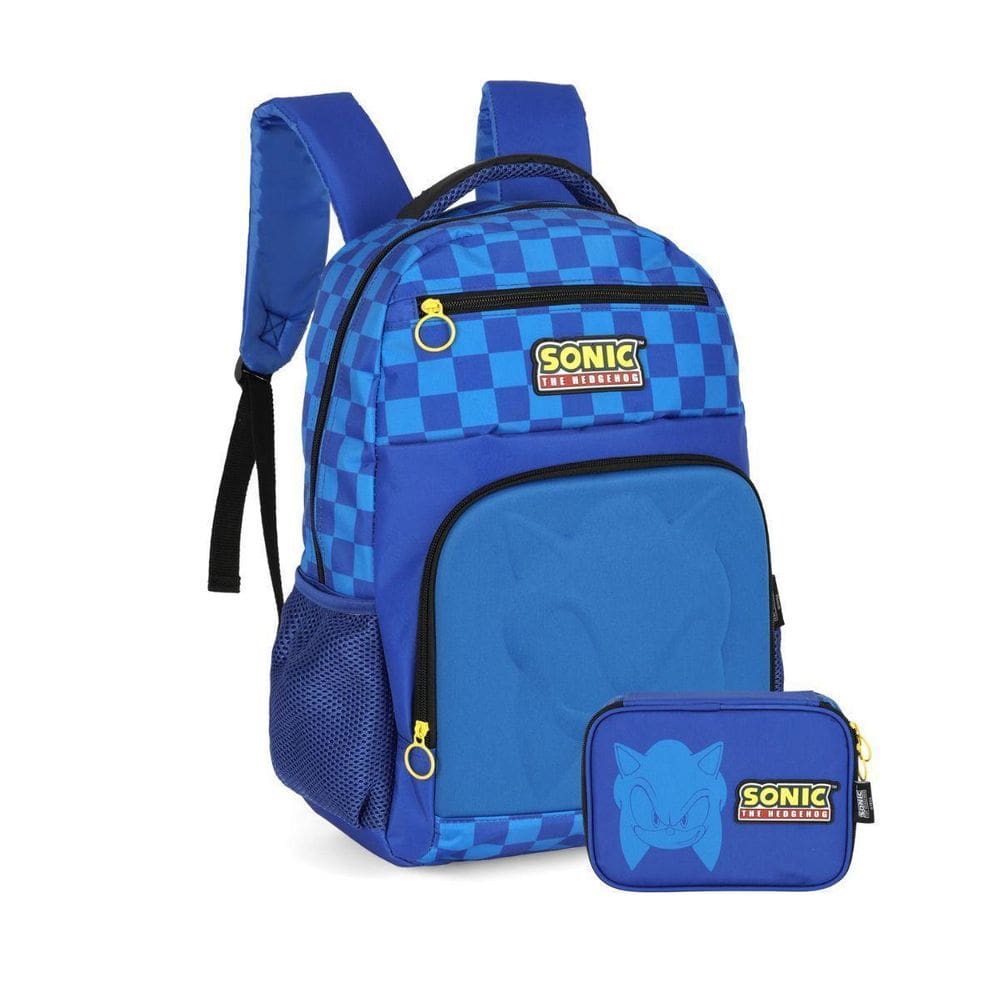 Kit Mochila De Costas Sonic Com Estojo Box Escolar - Azul