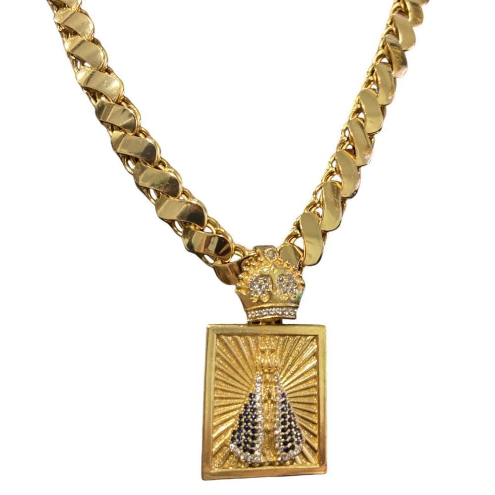 Cordão Friso S 13Mm + Pingente Nossa Senhora Banhado A Ouro