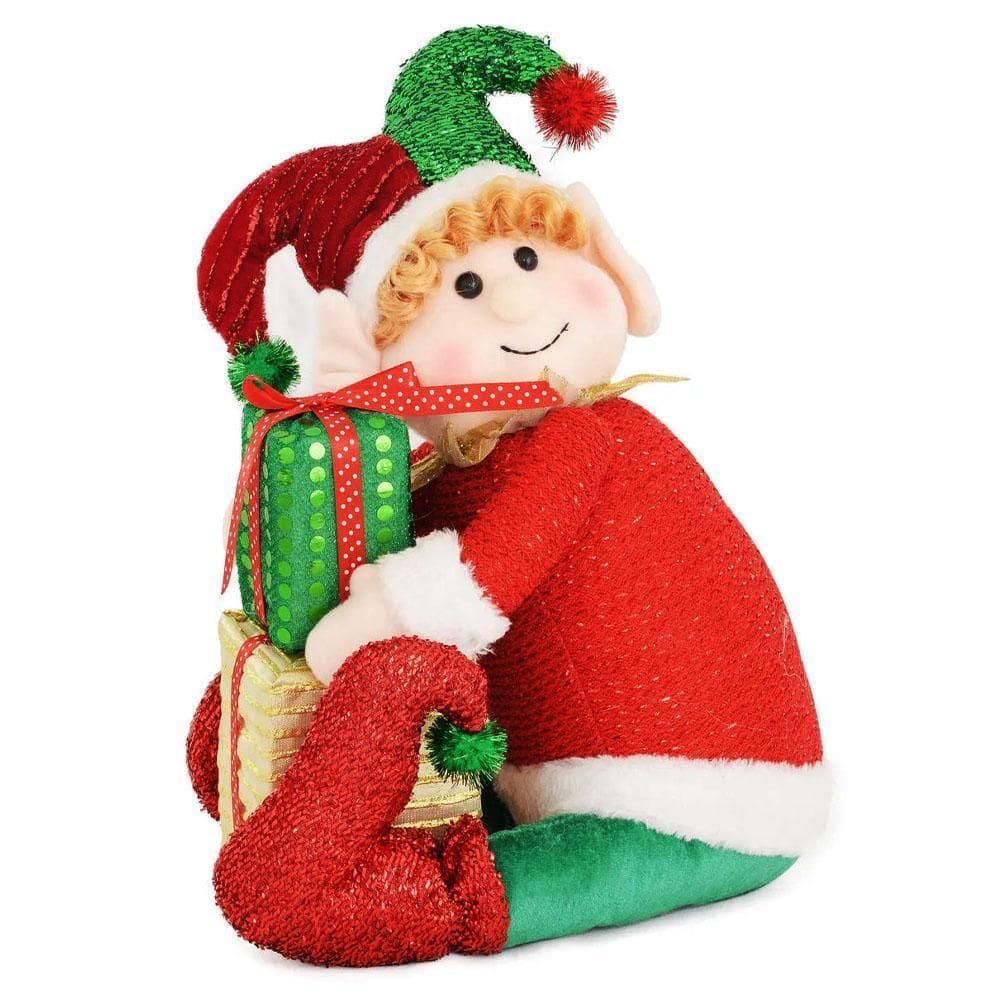 Boneco Sentado Enfeite Natalino 36Cm Duende Com Presente