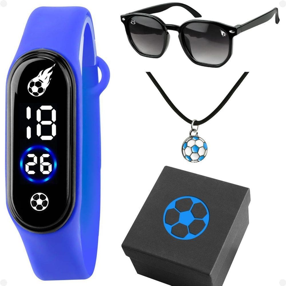 Relógio Infantil Futebol Led + Colar + Óculos Sol + Caixa