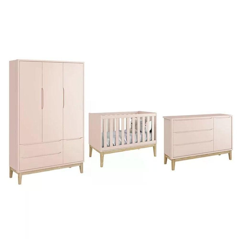 Dormitório Classic 3 Portas Rosa Com Pés Madeira Natural - Reller Móveis Rosa