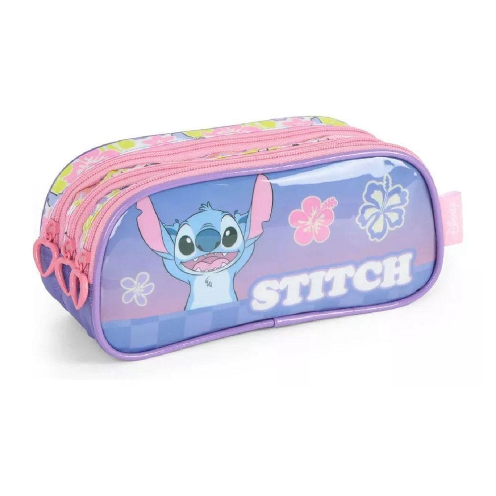 Estojo Triplo Violeta Disney Stitch Escolar Infantil Luxcel