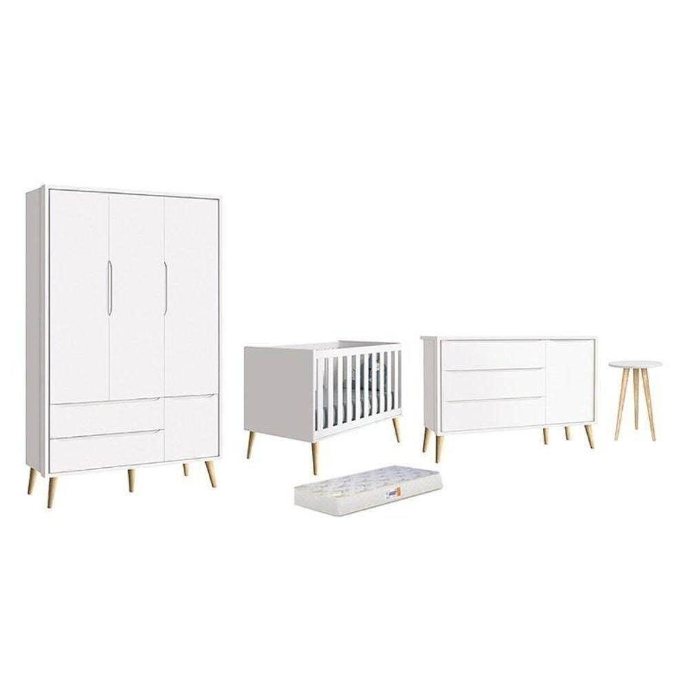 Dormitório Theo 3 Portas, Mesa De Canto Branco Com Pés Madeira Natural E Colchão D18 - Reller Móveis Branco