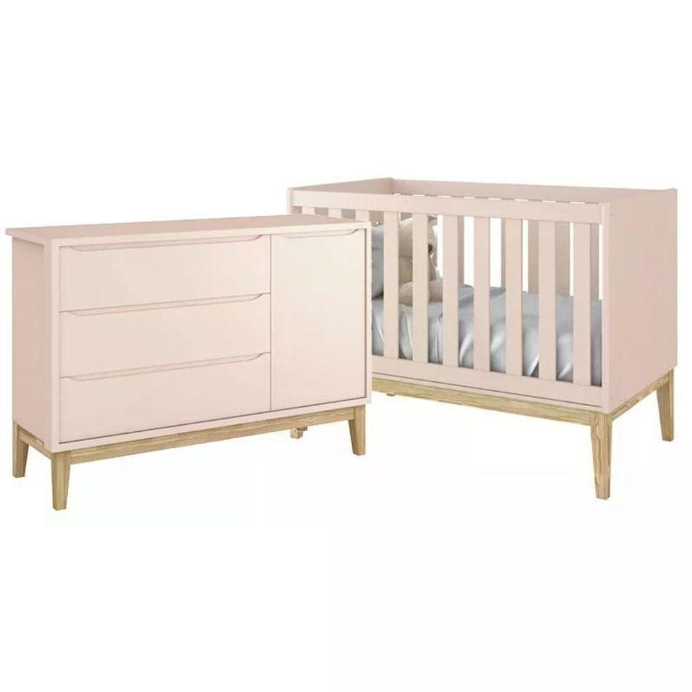 Jogo De Quarto Classic Cômoda Com Porta E Berço Rosa Fosco Com Pés Madeira Natural - Reller Móveis Rosa Fosco