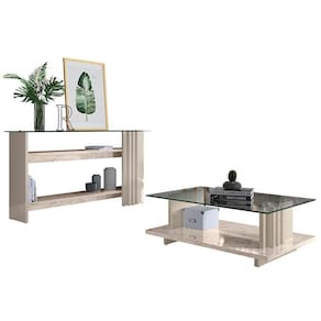 Aparador E Mesa De Centro Frizz Calacata Off White Com Tampo De Vidro - Madetec Calacata Off White