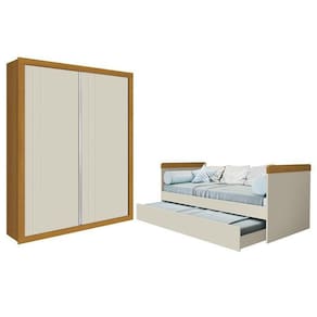 Jogo De Quarto Guarda Roupa Prince E Bicama Nuth Areia Savana Com 2 Colchões Physical - Reller Móveis Areia Savana