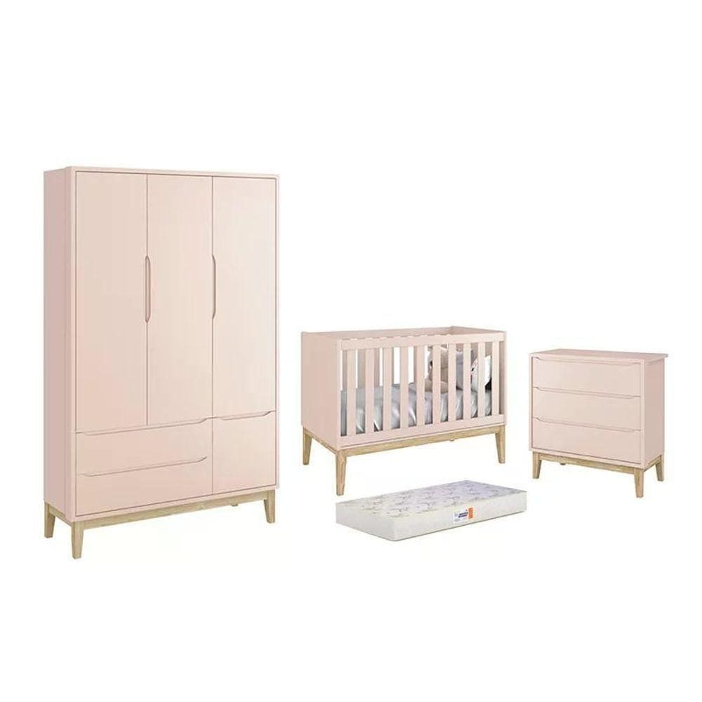 Dormitório Classic 3 Portas, Cômoda 3 Gavetas Rosa Com Pés Madeira Natural E Colchão D18 - Reller Móveis Rosa