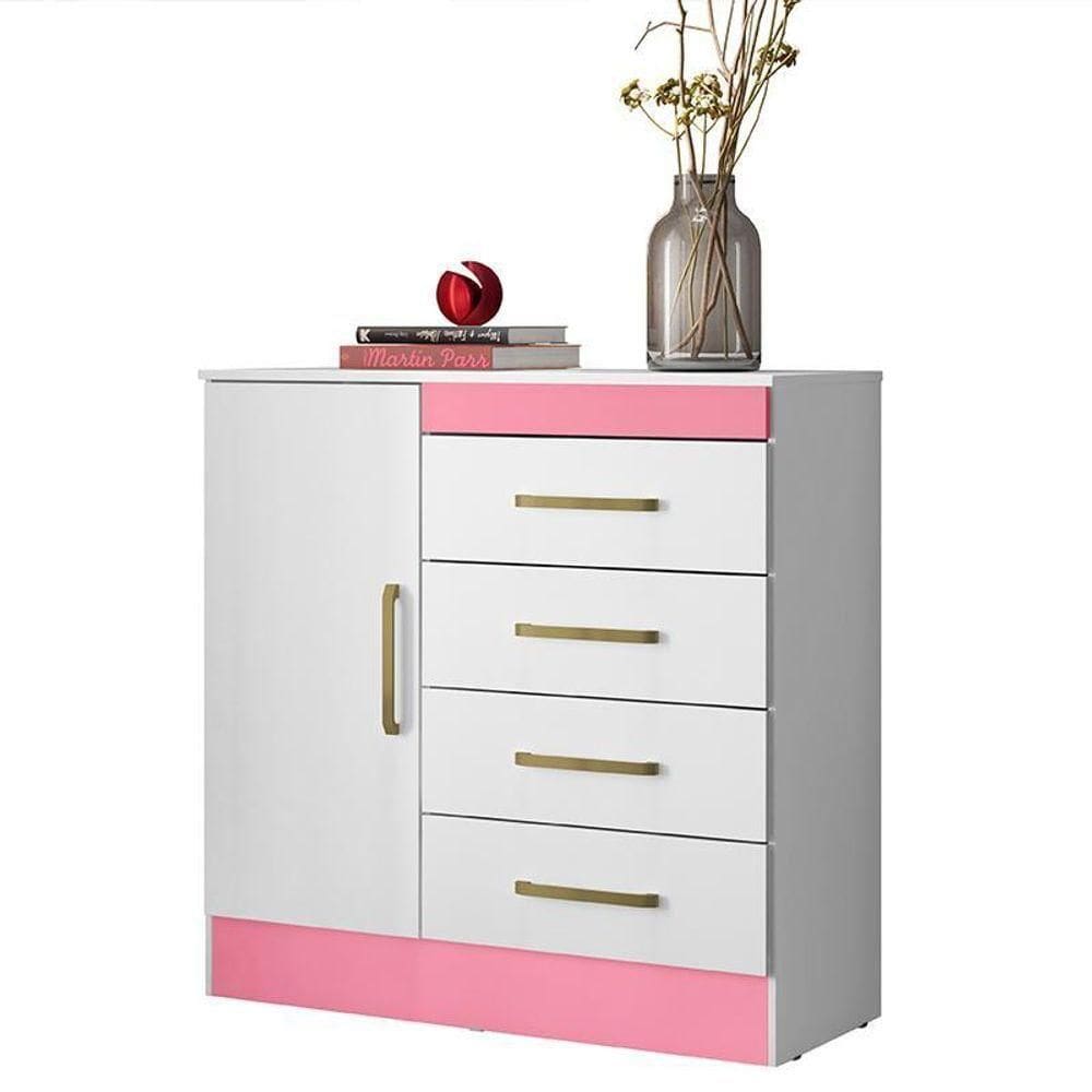 Cômoda Montevidéu 1 Porta E 4 Gavetas Branco Rosa - Demóbile Branco Rosa