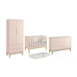 Dormitório Classic 2 Portas, Cômoda Com Porta Rosa Com Pés Madeira Natural E Colchão D18 - Reller Móveis Rosa