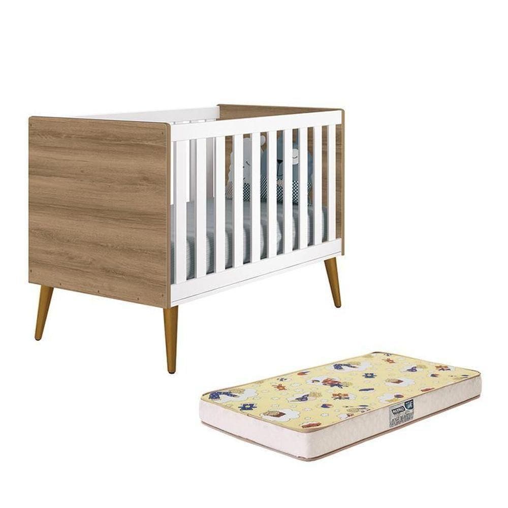 Berço Mini Cama Theo Retrô Branco Fosco Mezzo Com Pés Amadeirado E Colchão D18 - Reller Móveis Branco Fosco Mezzo