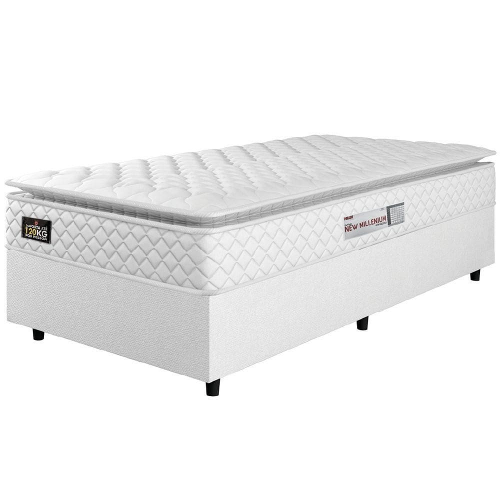 Cama Box Solteiro Colchão Espuma D33 Pillow Top New Millenium 88x188x57cm Branco Hellen – Suporta Até 120 Kg Por Pessoa