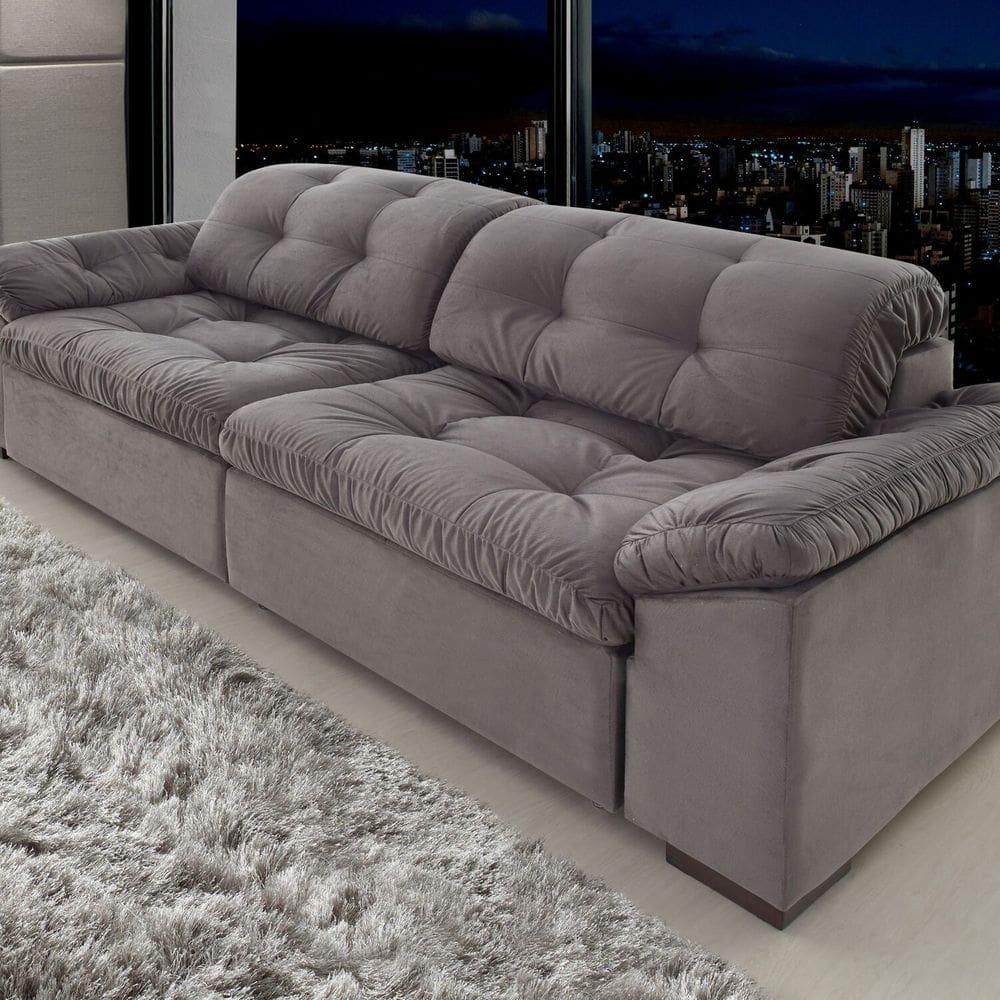 Sofá Retrátil e Reclinável 2 Lugares 260 Cm Pérola Veludo Cinza