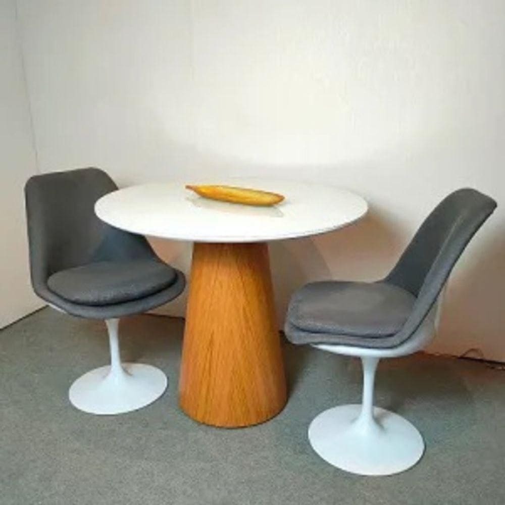 Mesa De Jantar Cone 90 Cm Base Madeira Freijó Tampo Laca + Vidro Branco