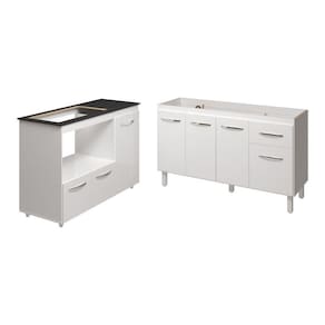 Armário Camila Cozinha Gabinete De Pia 140 Cm E Balcão Para Cooktop 5 Bocas E Forno Ou Microondas Alana Branco