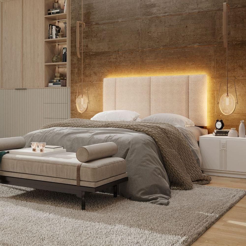 Cabeceira Estofada Cama Box Casal Com Led Splend 140 Cm Veludo Bege