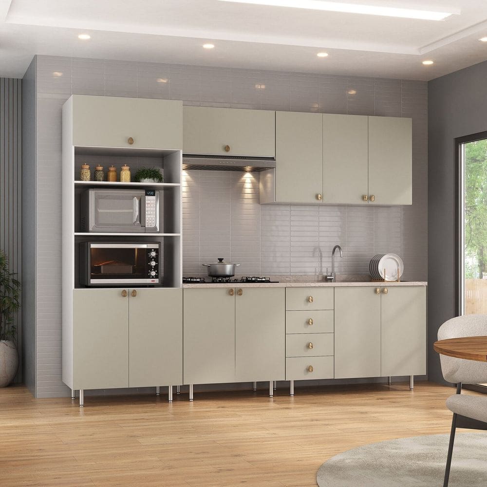 Cozinha Completa 5 Peças 100% Mdf Bp 2 Balcões 2 Aereos e Torre Quente Maranello Branco/Panna